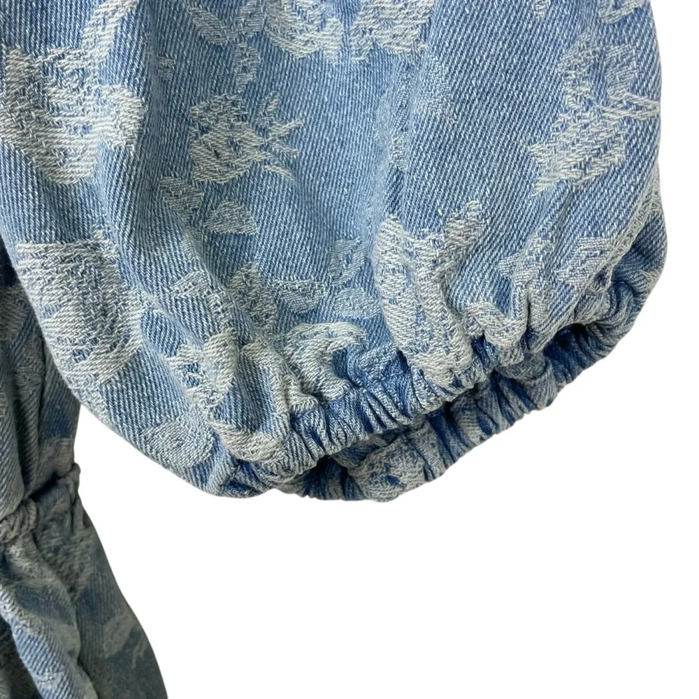 Miou Muse Denim + Roses Bow Front A-Line Mini Dress Puff Sleeves Blue Size S - Picture 6 of 13